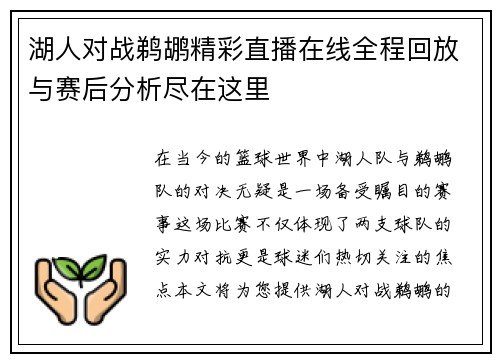 湖人对战鹈鹕精彩直播在线全程回放与赛后分析尽在这里